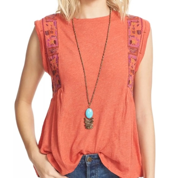 Free People Marcy Embroidered Top in Red Orange - Picture 2 of 6